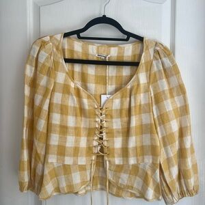 Reformation Yellow and White Gingham Lace-Up Blouse